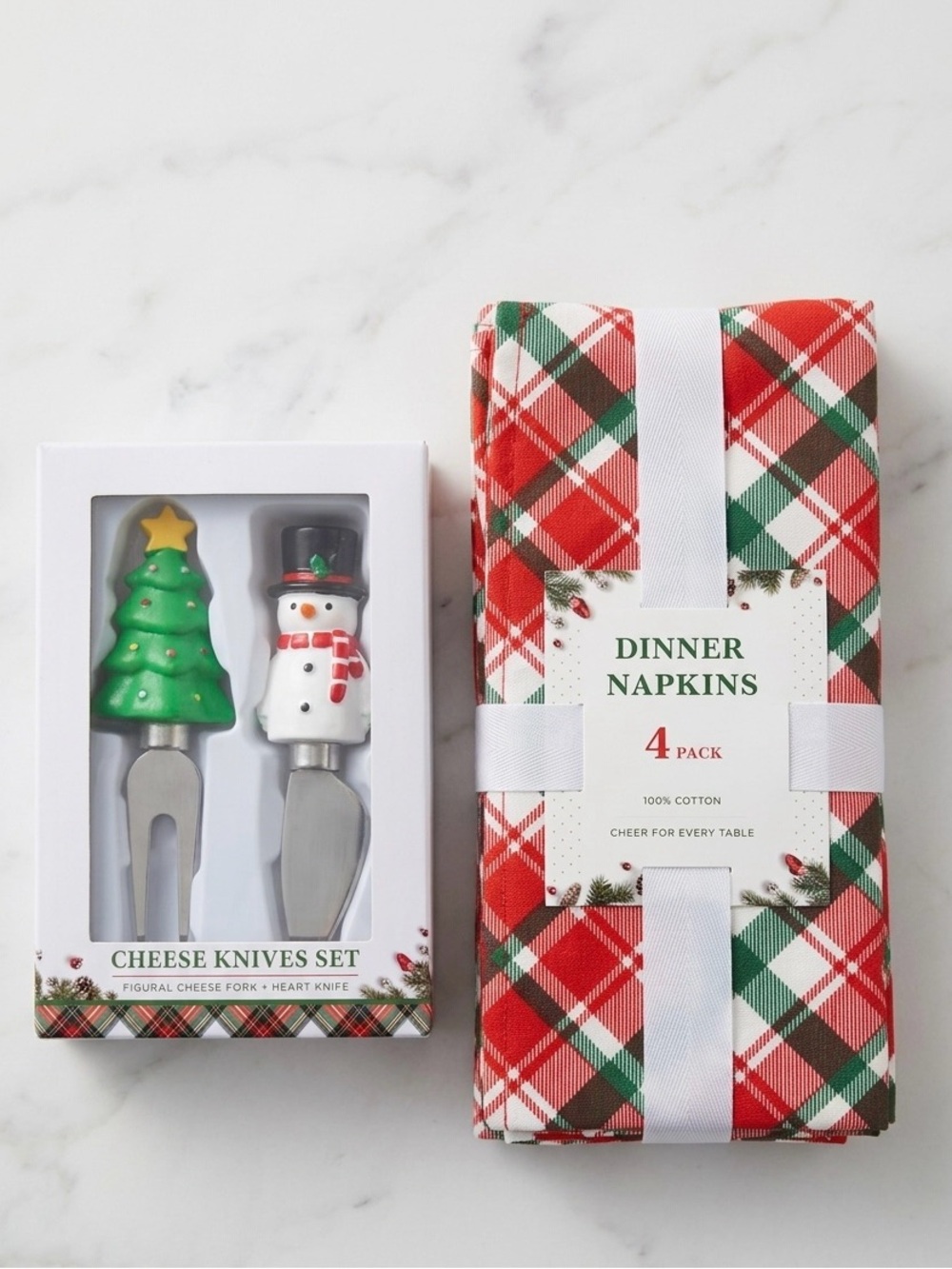 Holiday Plaid Dinner Napkins & Festive Cheese Knife Set